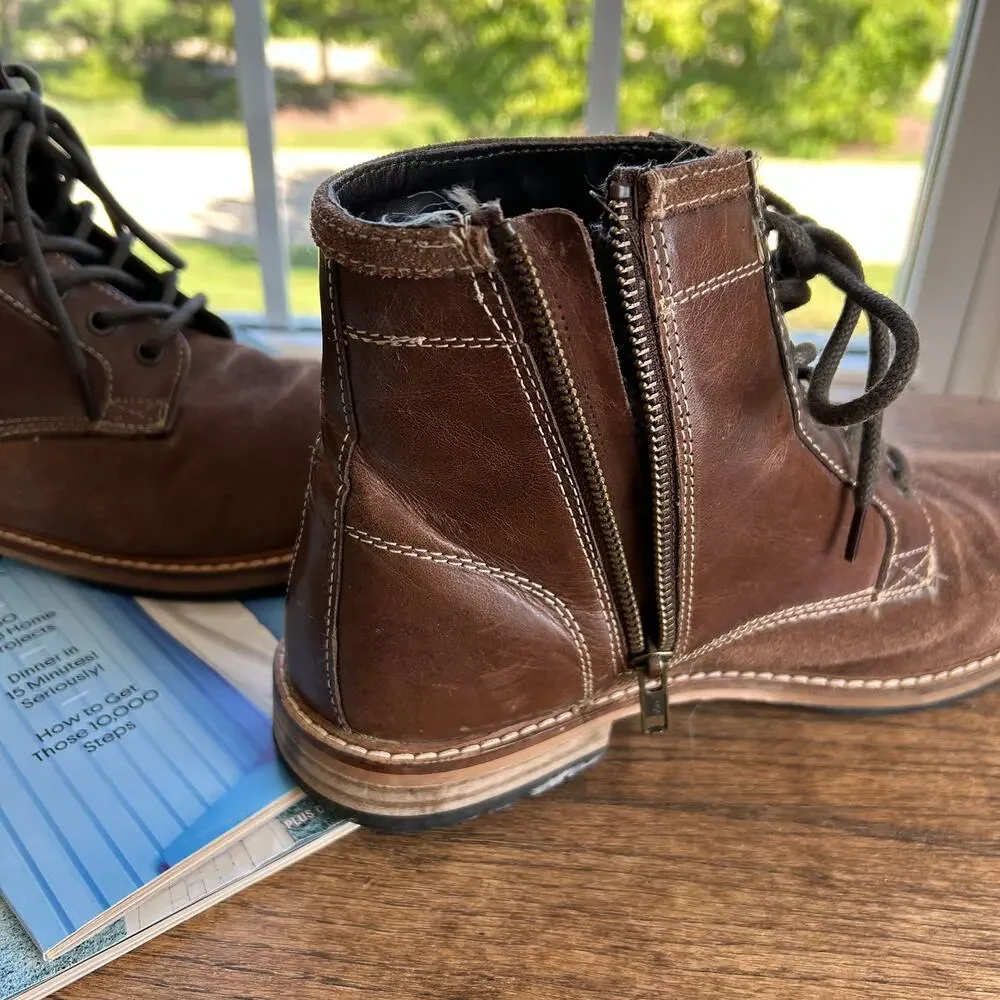 Men's Brown Leather Suede Cap-Toe Lace-Up Boots Size 9.5 Side Zip